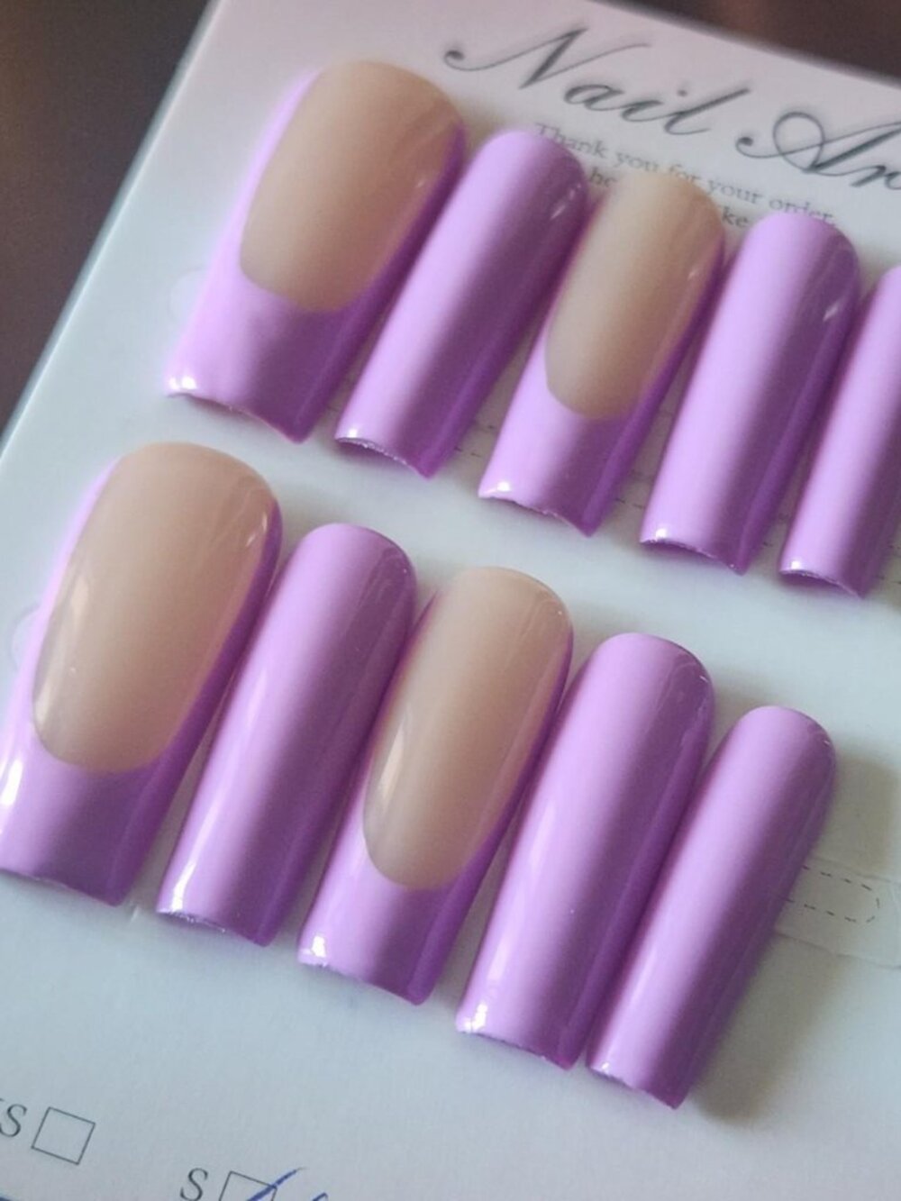 Lavender/Purple and beige long French tip acrylic press on nails. Size S.